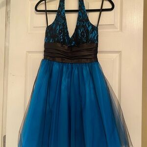 Girls Blue and Black Lace Bodice Halter Dress